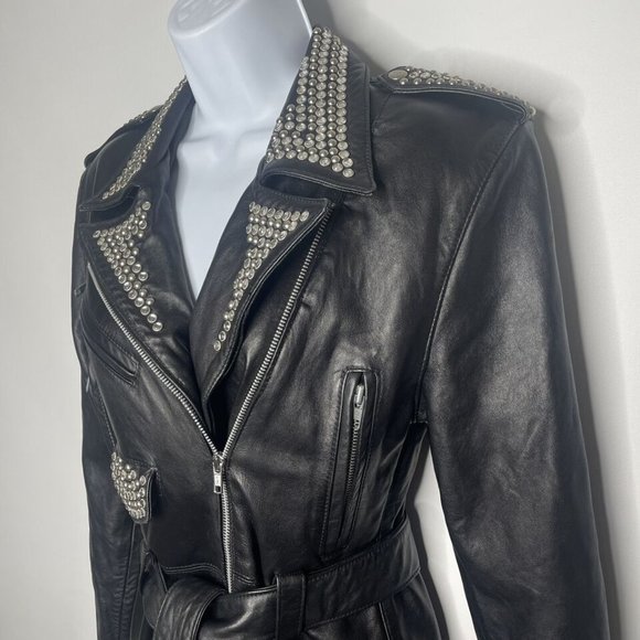 Vintage 80s/90s LA ROXX Black Studded Leather Belted Motorcycle Jacket - Picture 6 of 11